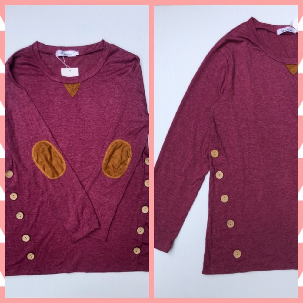 Long Sleeve Tee Wood Look Button Detail + Patches